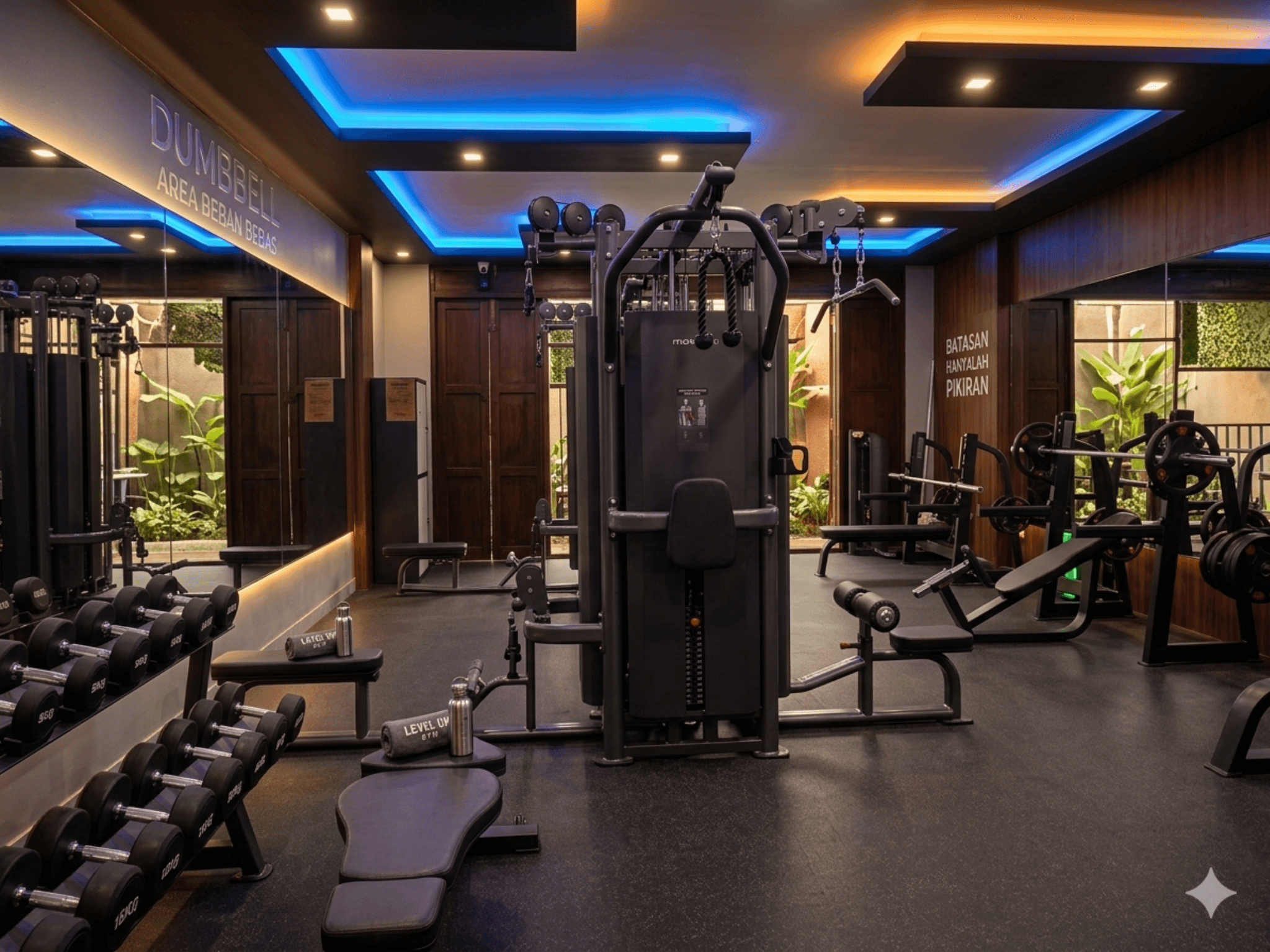 Area hangout FullHouse GYM dengan mural besar dan seating area.