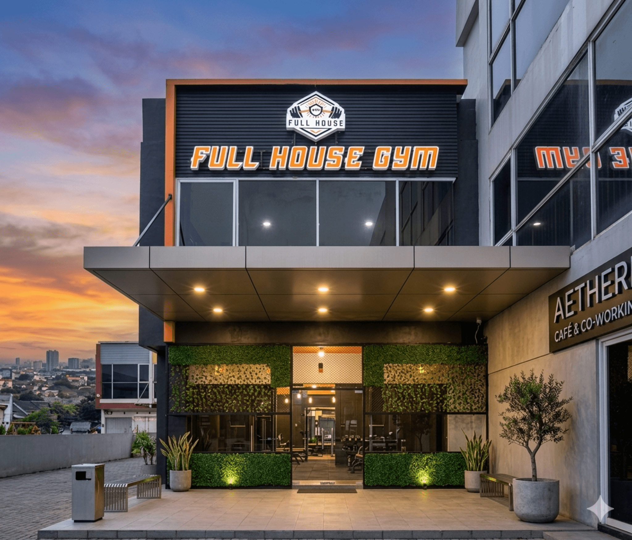Tampak depan bangunan FullHouse GYM dengan signage besar dan fasad modern.